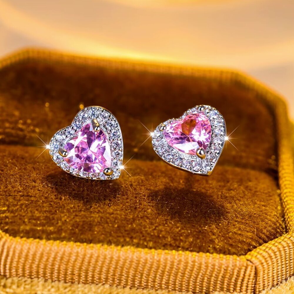 NEW 14k White Gold Pink Sapphire Diamond Earrings Heart Stud Earrings - Picture 5 of 6